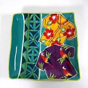 Clay Art Tropical Hawaiian Shirt Ceramic Square Serving Platte Hibiscus Teal 12"